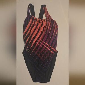 Speedo Women's One Piece Swimsuit - Black and Pink Stripes